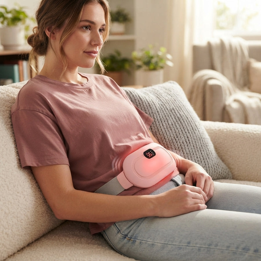 A person wearing an ergonomic heating and vibration massager on their abdomen while relaxing on a couch for period pain relie
