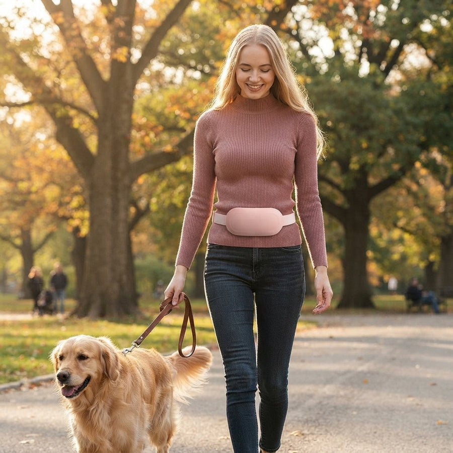 A woman walking a dog in a park wearing a slim, discreet period cramp massager under her sweater to demonstrate portability.