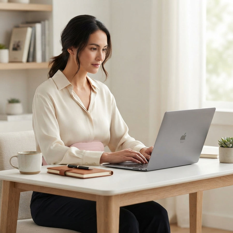 A professional woman working at a desk wearing a discreet heating and massage device for cramp relief.