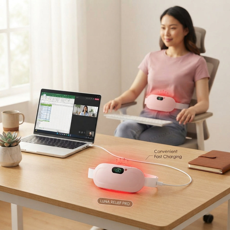A period cramp relief massager connected to a USB-C charging cable on a desk, highlighting fast charging and portability.