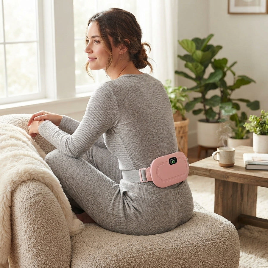 A person wearing an ergonomic heating and massage device around their lower back for pain relief in a home setting.
